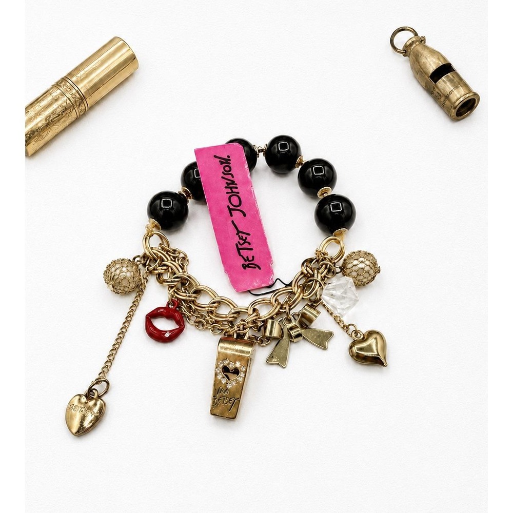 Vintage Betsey Johnson Black Bead Stretch Charm Bracelet Hearts Lips Bow Whistle